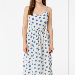 H&M Polka Dot Vneck Smocked Spaghetti Straps Blue White Knee Length XS Pull On